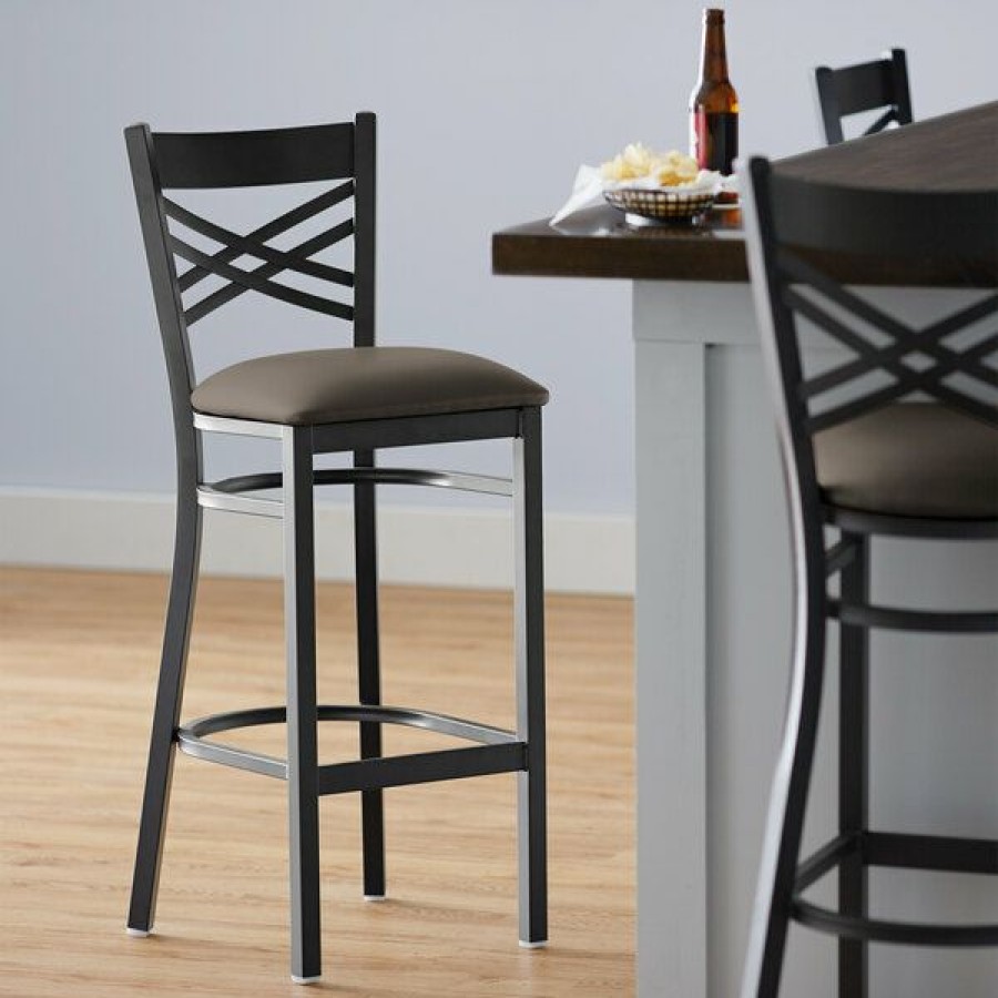 Restaurant Bar Stools * | Best Sale Lancaster Table & Seating Black Cross Back Bar Height Chair With Taupe Padded Seat