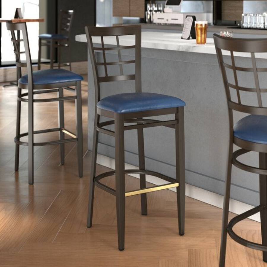 Restaurant Bar Stools * | Outlet Lt&S Spartan Series Lancaster Table & Seating Spartan Series Bar Height Metal Window Back Chair With Walnut Wood Grain Finish And Navy Vinyl Seat