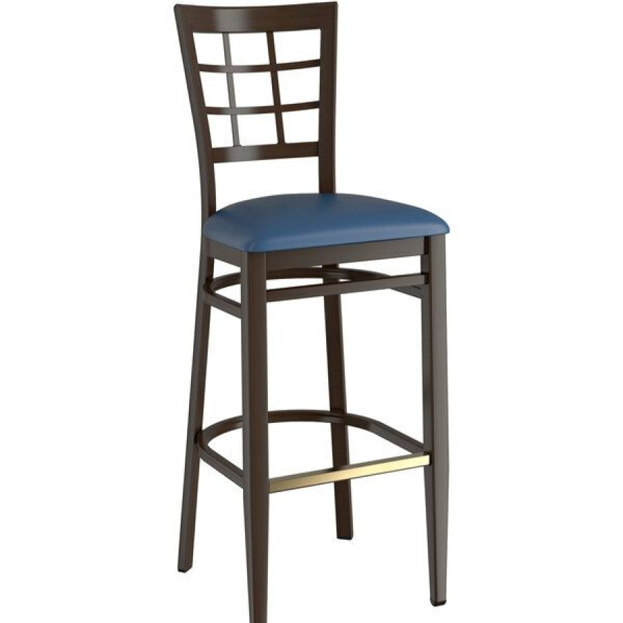 Restaurant Bar Stools * | Outlet Lt&S Spartan Series Lancaster Table & Seating Spartan Series Bar Height Metal Window Back Chair With Walnut Wood Grain Finish And Navy Vinyl Seat