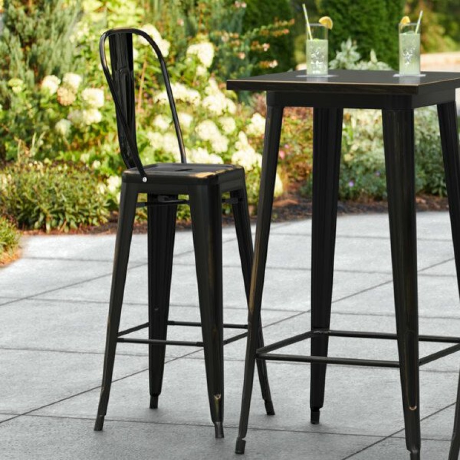 Outdoor Restaurant Bar Stools * | Brand New Lt&S Alloy Series Lancaster Table & Seating Alloy Series Distressed Copper Metal Indoor / Outdoor Industrial Cafe Barstool With Vertical Slat Back And Drain Hole Seat