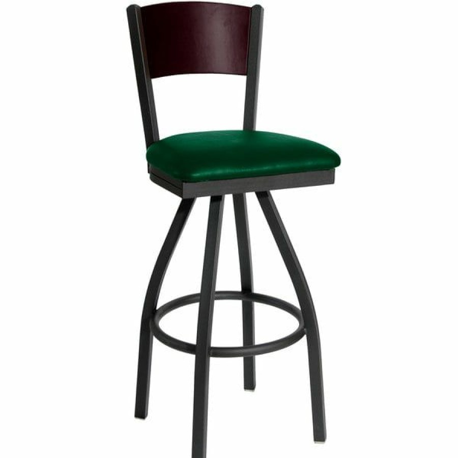 Restaurant Bar Stools * | Cheapest Bfm Seating 2150Sgnv-Mhsb Dale Sand Black Metal Swivel Bar Height Chair With Mahogany Finish Wooden Back And 2 Green Vinyl Seat