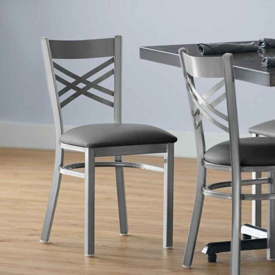 Restaurant Chairs * | Cheap Lancaster Table & Seating Clear Coat Cross Back Chair With Dark Gray Padded Seat