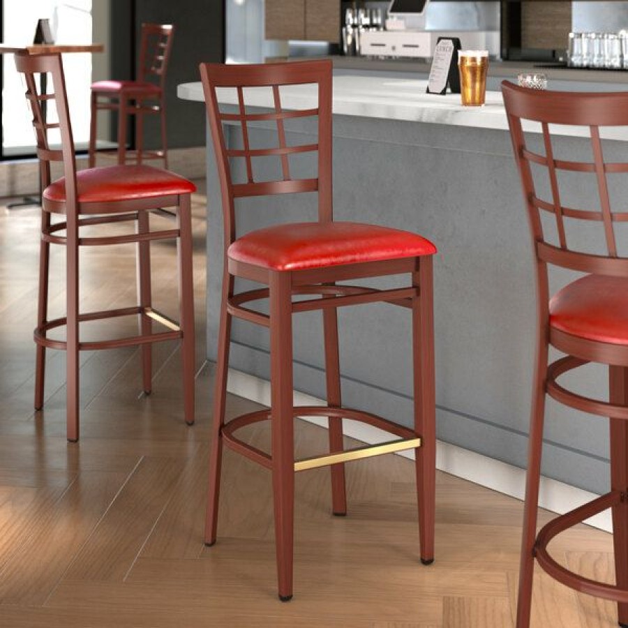 Restaurant Bar Stools * | Cheap Lt&S Spartan Series Lancaster Table & Seating Spartan Series Bar Height Metal Window Back Chair With Mahogany Wood Grain Finish And Red Vinyl Seat