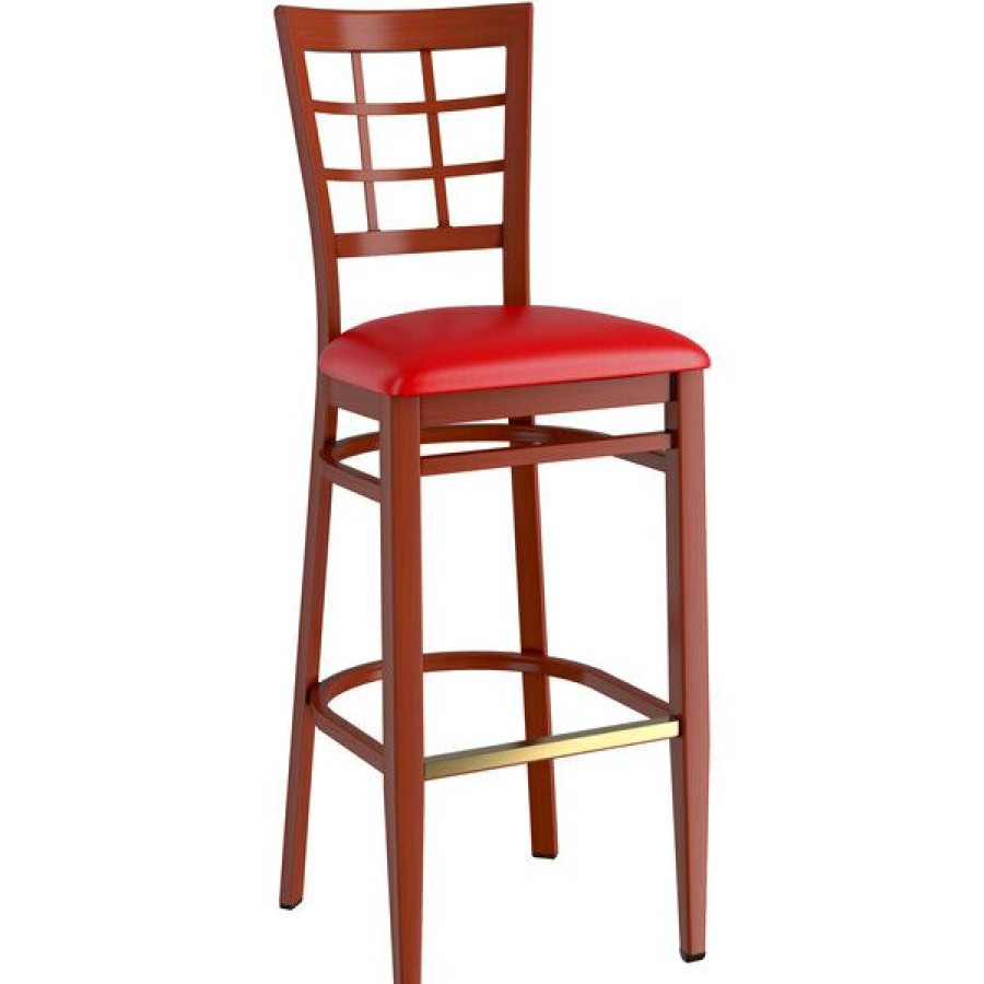 Restaurant Bar Stools * | Cheap Lt&S Spartan Series Lancaster Table & Seating Spartan Series Bar Height Metal Window Back Chair With Mahogany Wood Grain Finish And Red Vinyl Seat