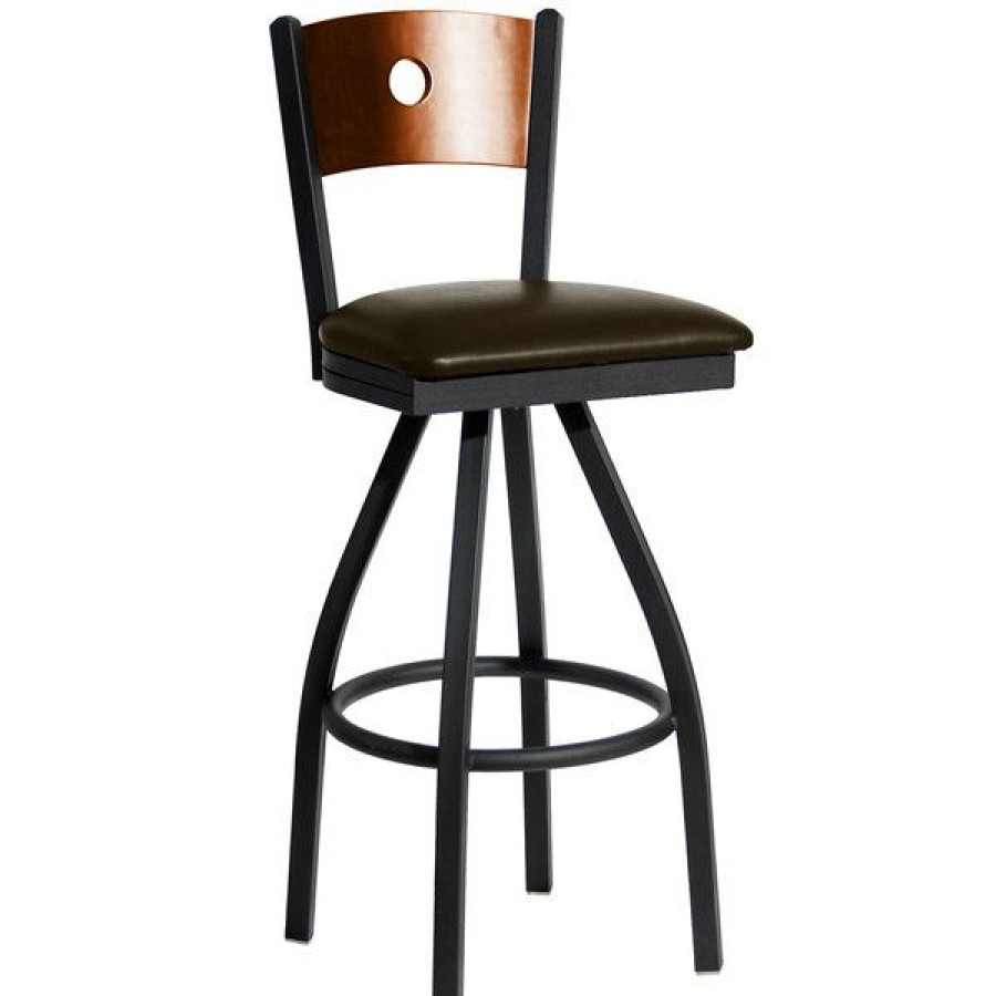 Restaurant Bar Stools * | Budget Bfm Seating 2152Sdbv-Chsb Darby Sand Black Metal Bar Height Chair With Cherry Wooden Back And 2 Dark Brown Vinyl Swivel Seat