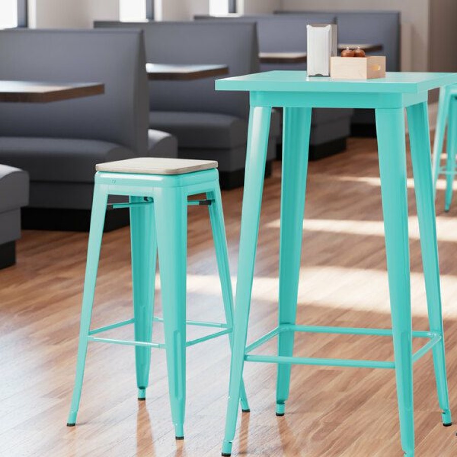 Restaurant Bar Stools * | Best Reviews Of Lt&S Alloy Series Lancaster Table & Seating Alloy Series Seafoam Stackable Metal Indoor Industrial Barstool With Gray Wood Seat