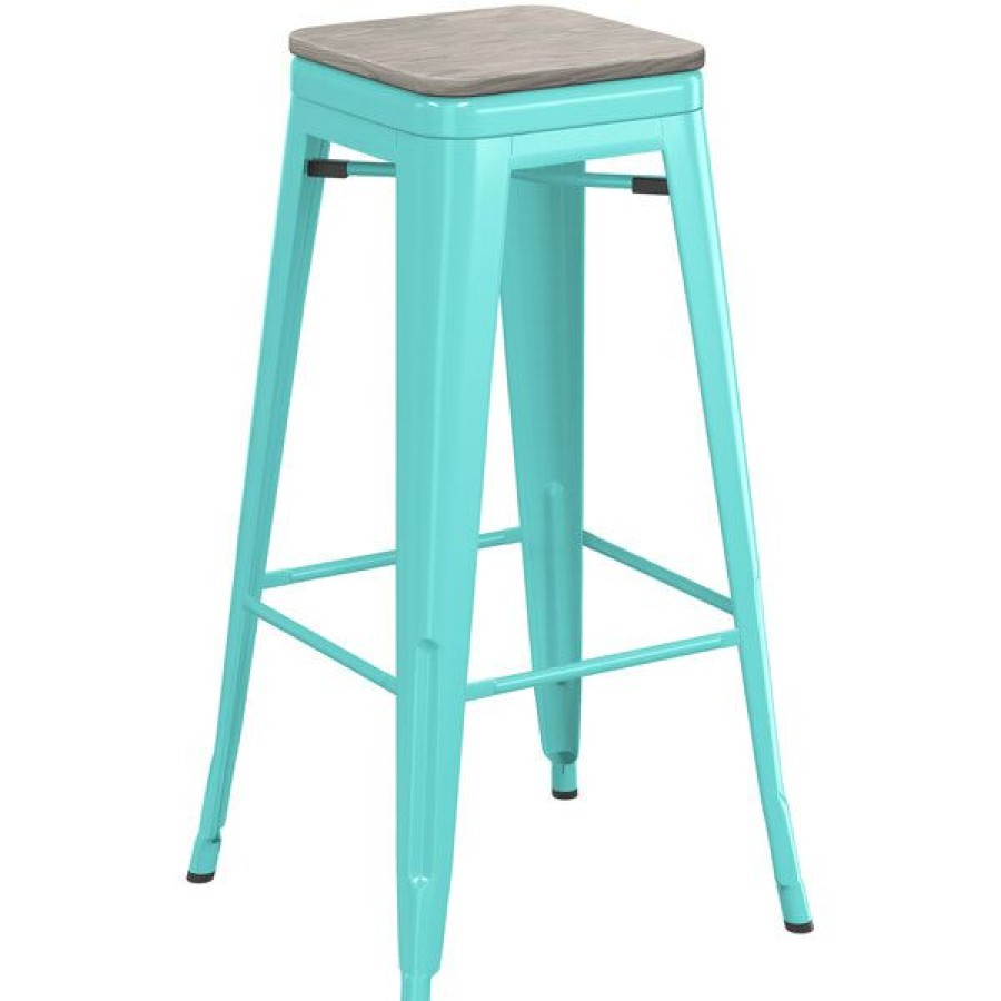 Restaurant Bar Stools * | Best Reviews Of Lt&S Alloy Series Lancaster Table & Seating Alloy Series Seafoam Stackable Metal Indoor Industrial Barstool With Gray Wood Seat