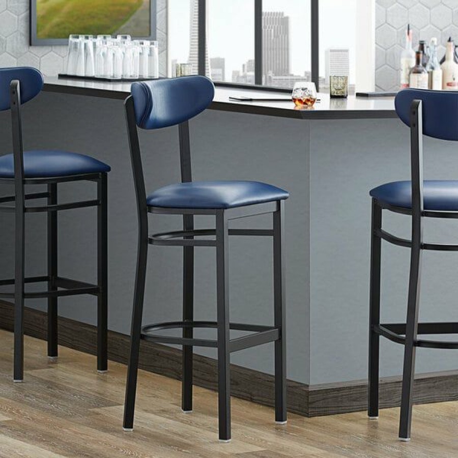 Restaurant Bar Stools * | Buy Lt&S Boomerang Series Lancaster Table & Seating Boomerang Bar Height Black Coat Chair With Navy Vinyl Seat And Back