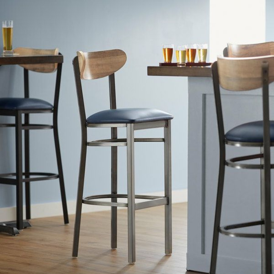 Restaurant Bar Stools * | Deals Lt&S Boomerang Series Lancaster Table & Seating Boomerang Bar Height Clear Coat Chair With Navy Vinyl Seat And Driftwood Back