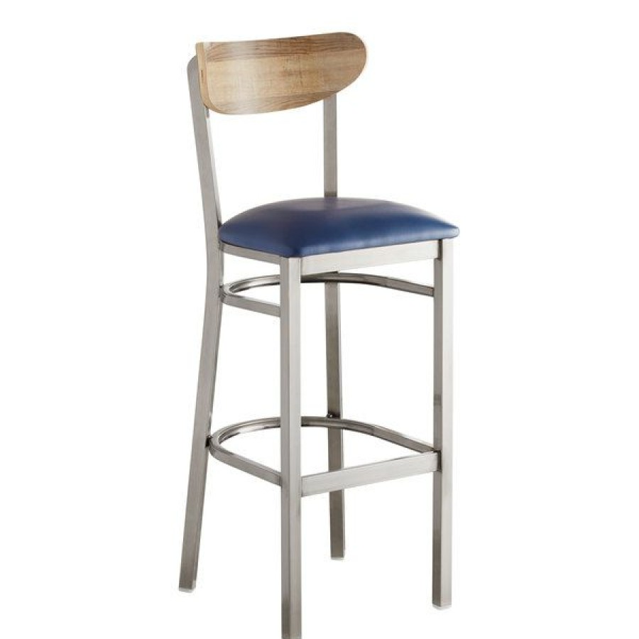 Restaurant Bar Stools * | Deals Lt&S Boomerang Series Lancaster Table & Seating Boomerang Bar Height Clear Coat Chair With Navy Vinyl Seat And Driftwood Back