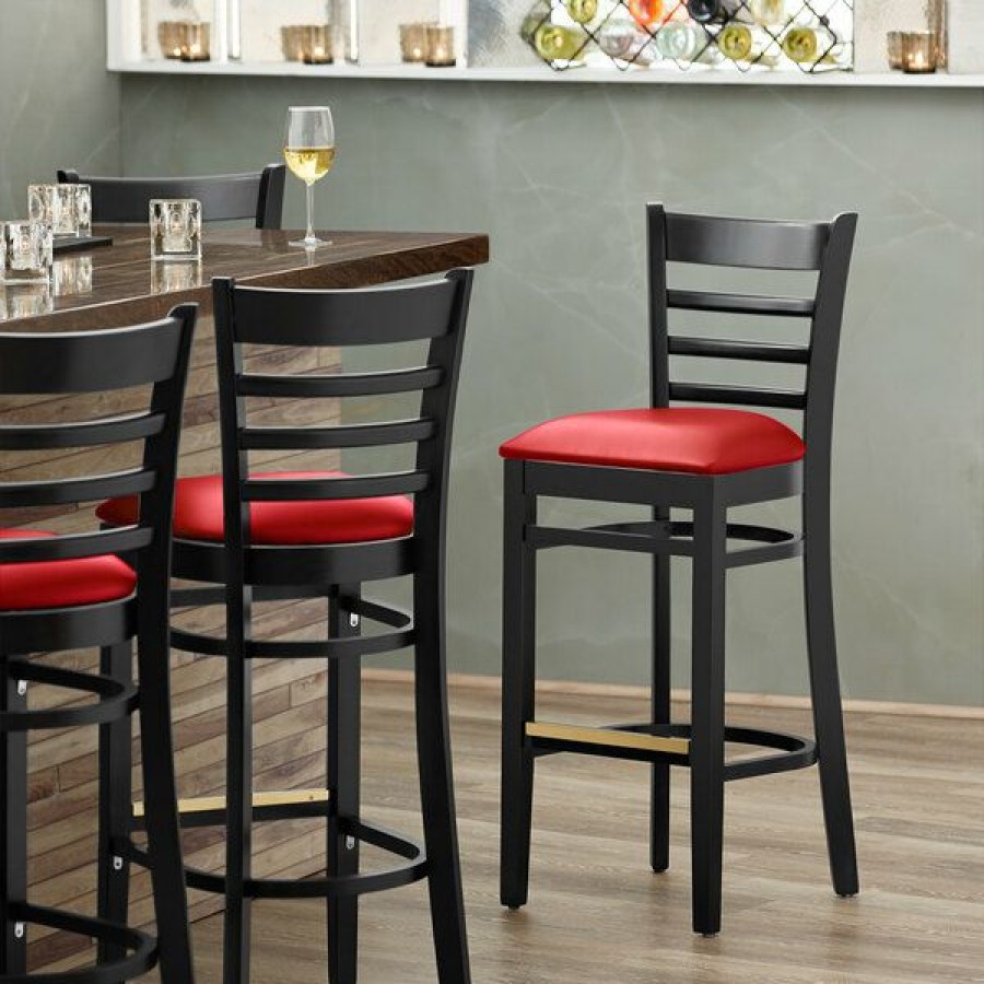 Restaurant Bar Stools * | Budget Lancaster Table & Seating Black Ladder Back Bar Height Chair With Red Padded Seat