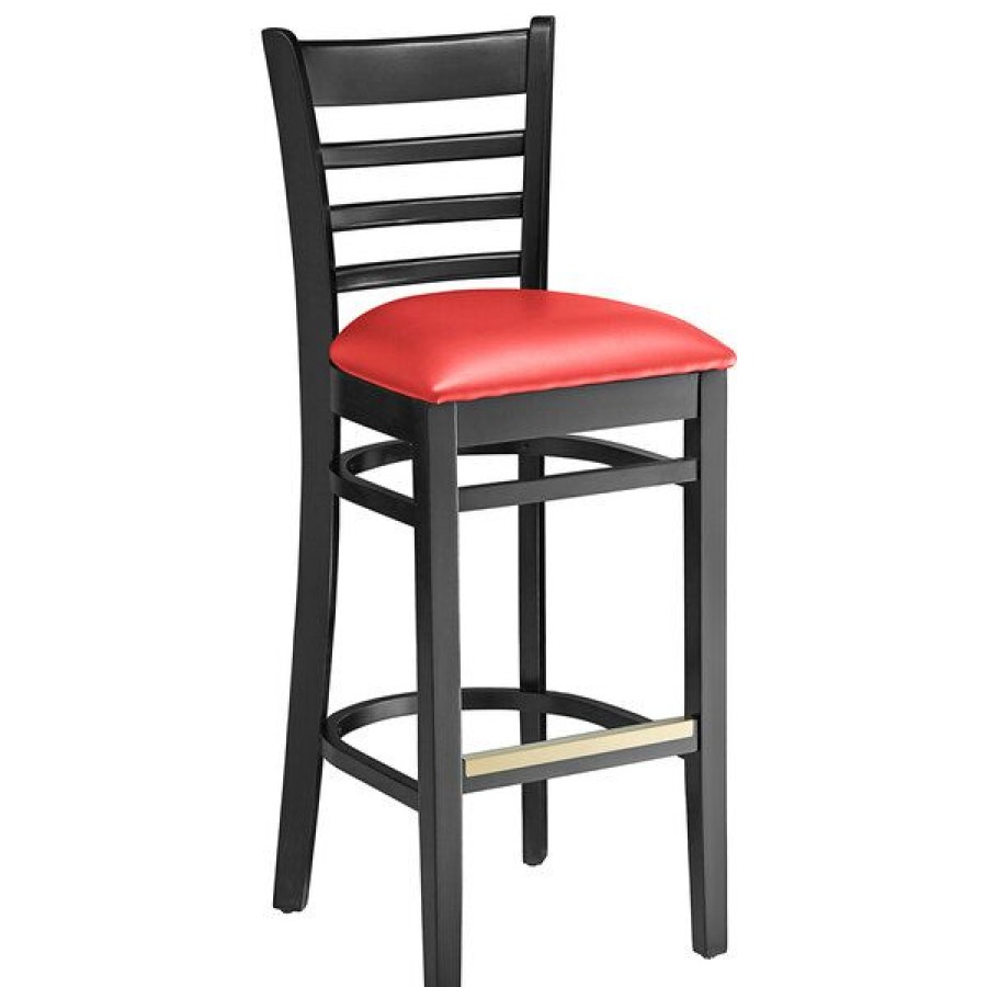 Restaurant Bar Stools * | Budget Lancaster Table & Seating Black Ladder Back Bar Height Chair With Red Padded Seat