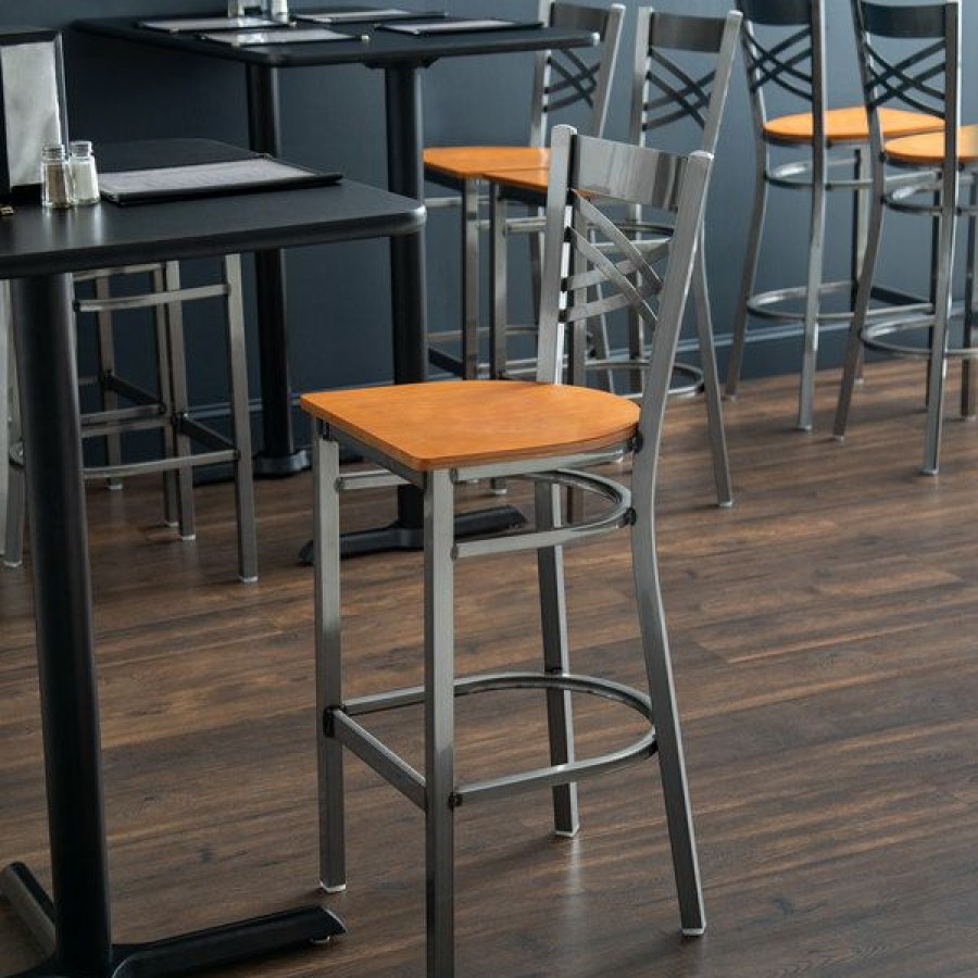 Restaurant Bar Stools * | Coupon Lancaster Table & Seating Clear Coat Steel Cross Back Bar Height Chair With Cherry Wood Seat