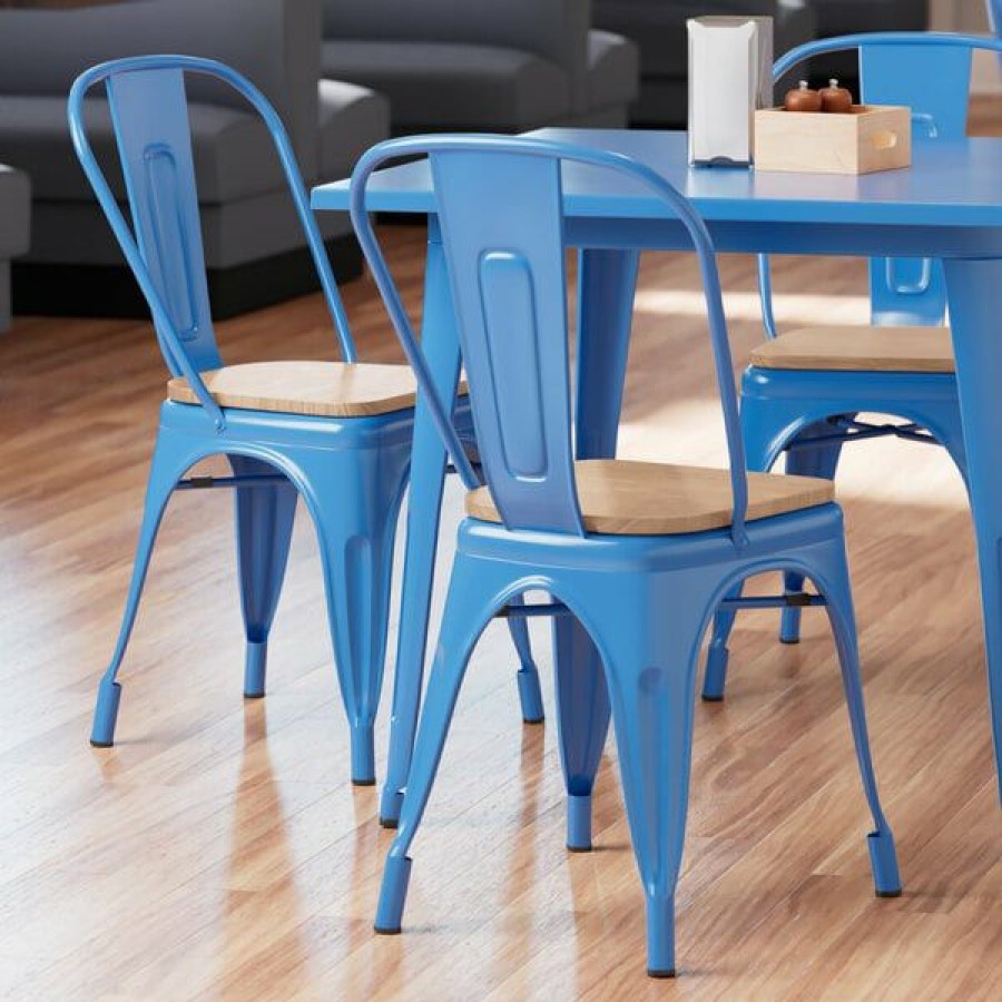 Restaurant Chairs * | Discount Lt&S Alloy Series Lancaster Table & Seating Alloy Series Blue Metal Indoor Industrial Cafe Chair With Vertical Slat Back And Natural Wood Seat