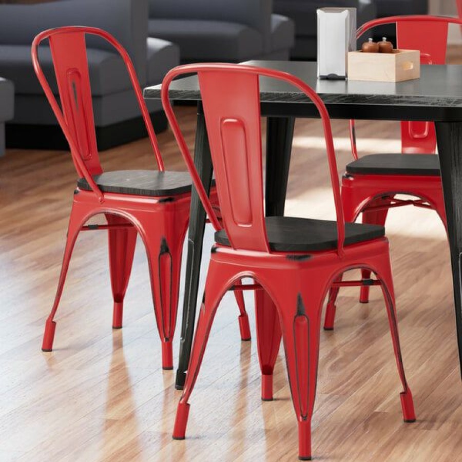 Restaurant Chairs * | Cheap Lt&S Alloy Series Lancaster Table & Seating Alloy Series Distressed Red Metal Indoor Industrial Cafe Chair With Vertical Slat Back And Black Wood Seat