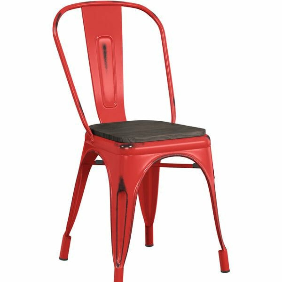 Restaurant Chairs * | Cheap Lt&S Alloy Series Lancaster Table & Seating Alloy Series Distressed Red Metal Indoor Industrial Cafe Chair With Vertical Slat Back And Black Wood Seat