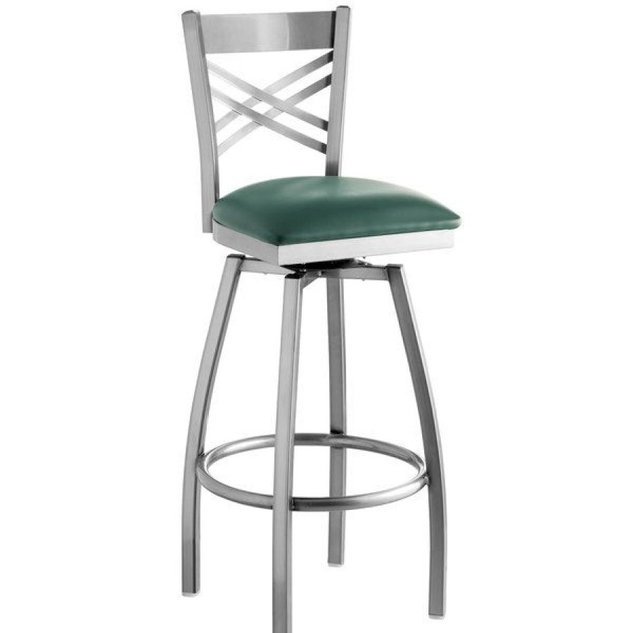 Restaurant Bar Stools * | Best Sale Lancaster Table & Seating Clear Coat Steel Cross Back Bar Height Swivel Chair With 2 1/2 Green Vinyl Seat