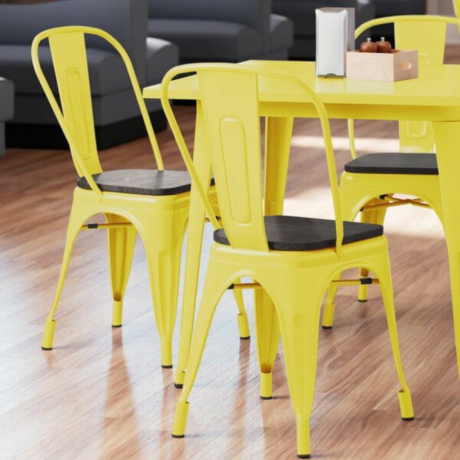 Restaurant Chairs * | Hot Sale Lt&S Alloy Series Lancaster Table & Seating Alloy Series Yellow Metal Indoor Industrial Cafe Chair With Vertical Slat Back And Black Wood Seat