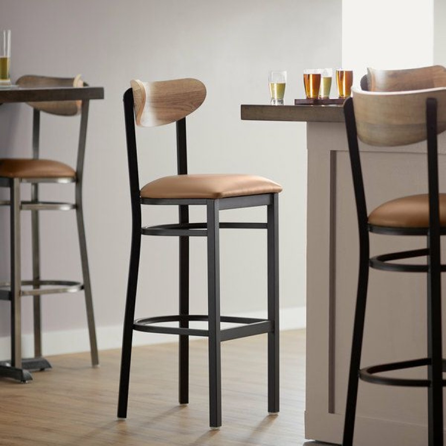 Restaurant Bar Stools * | Wholesale Lt&S Boomerang Series Lancaster Table & Seating Boomerang Bar Height Black Chair With Light Brown Vinyl Seat And Driftwood Back