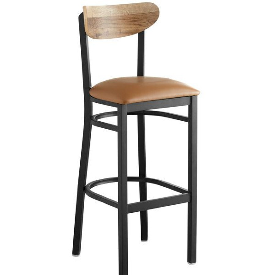 Restaurant Bar Stools * | Wholesale Lt&S Boomerang Series Lancaster Table & Seating Boomerang Bar Height Black Chair With Light Brown Vinyl Seat And Driftwood Back