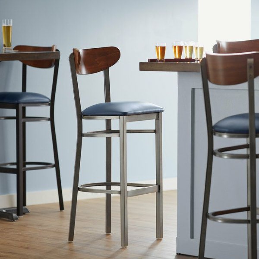 Restaurant Bar Stools * | Flash Sale Lt&S Boomerang Series Lancaster Table & Seating Boomerang Bar Height Clear Coat Chair With Navy Vinyl Seat And Antique Walnut Back