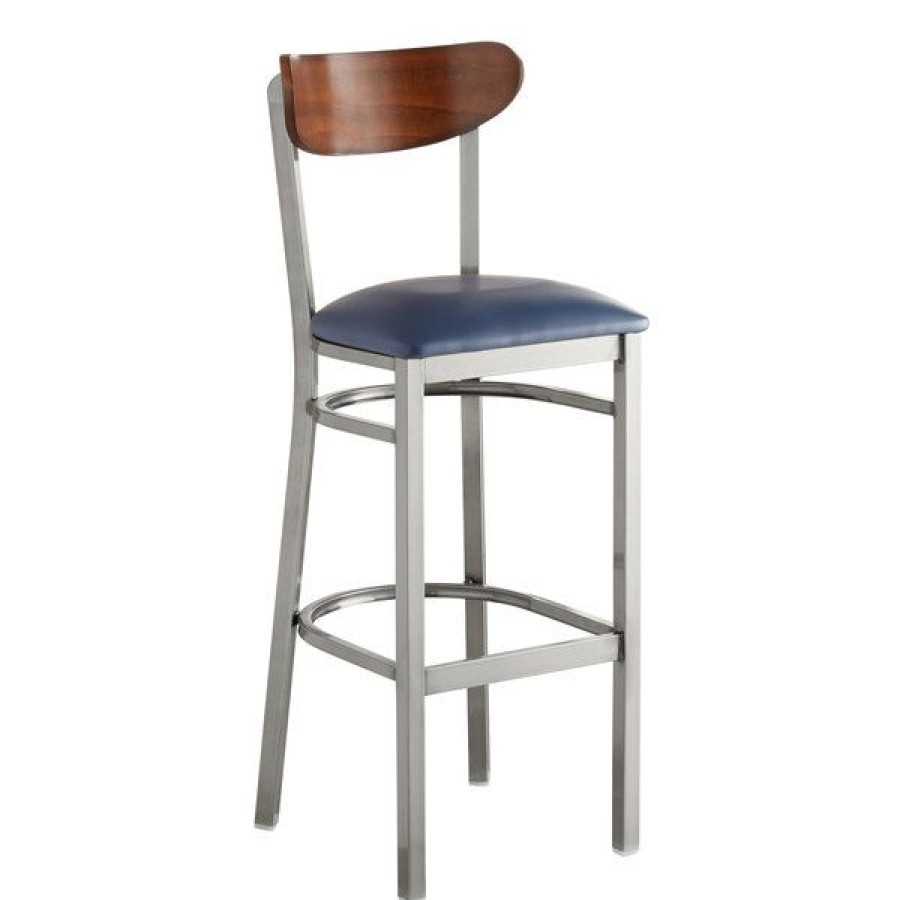 Restaurant Bar Stools * | Flash Sale Lt&S Boomerang Series Lancaster Table & Seating Boomerang Bar Height Clear Coat Chair With Navy Vinyl Seat And Antique Walnut Back