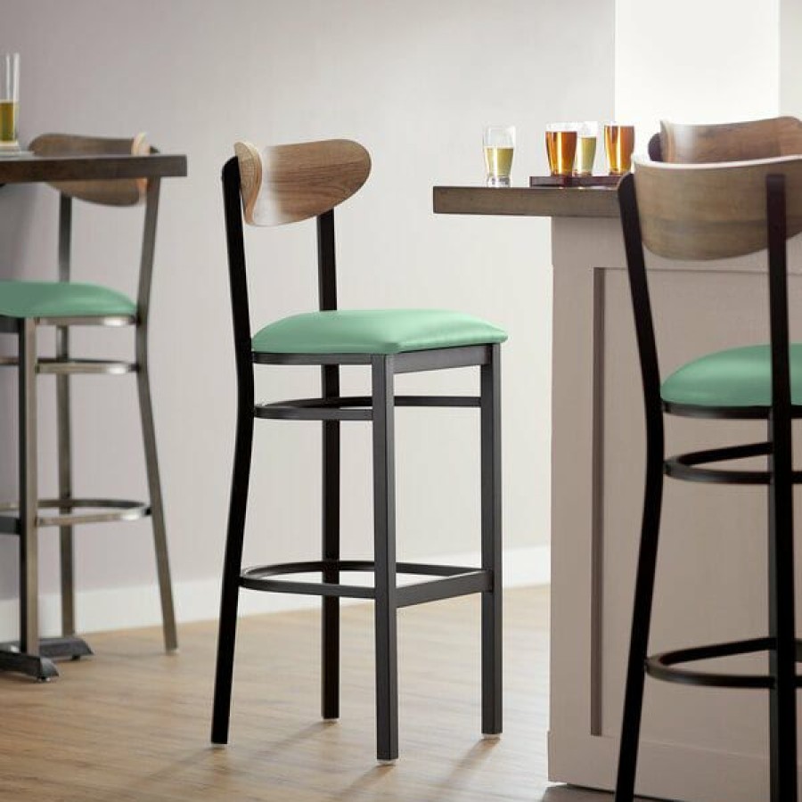 Restaurant Bar Stools * | Best Deal Lt&S Boomerang Series Lancaster Table & Seating Boomerang Bar Height Black Chair With Seafoam Vinyl Seat And Driftwood Back