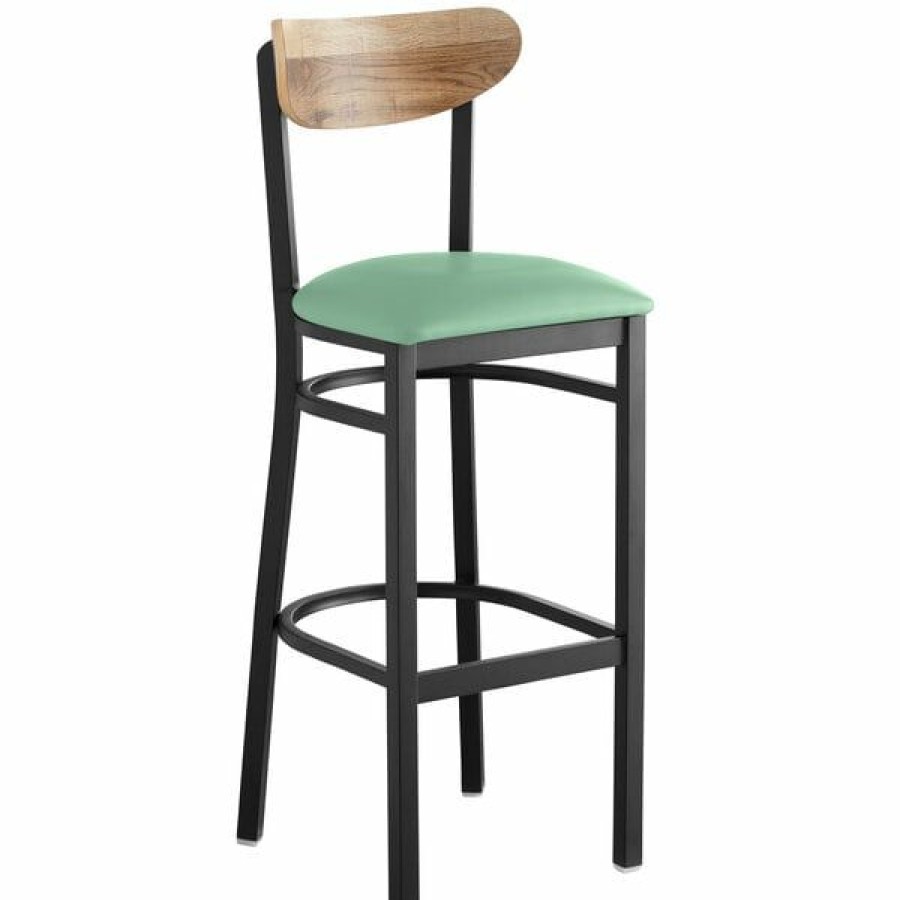 Restaurant Bar Stools * | Best Deal Lt&S Boomerang Series Lancaster Table & Seating Boomerang Bar Height Black Chair With Seafoam Vinyl Seat And Driftwood Back