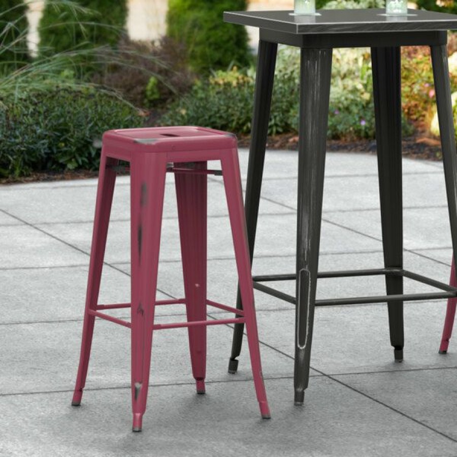 Outdoor Restaurant Bar Stools * | Discount Lt&S Alloy Series Lancaster Table & Seating Alloy Series Distressed Sangria Stackable Metal Indoor / Outdoor Industrial Barstool With Drain Hole Seat