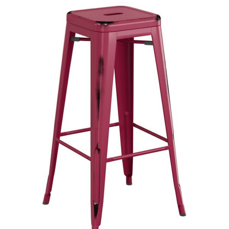 Outdoor Restaurant Bar Stools * | Discount Lt&S Alloy Series Lancaster Table & Seating Alloy Series Distressed Sangria Stackable Metal Indoor / Outdoor Industrial Barstool With Drain Hole Seat