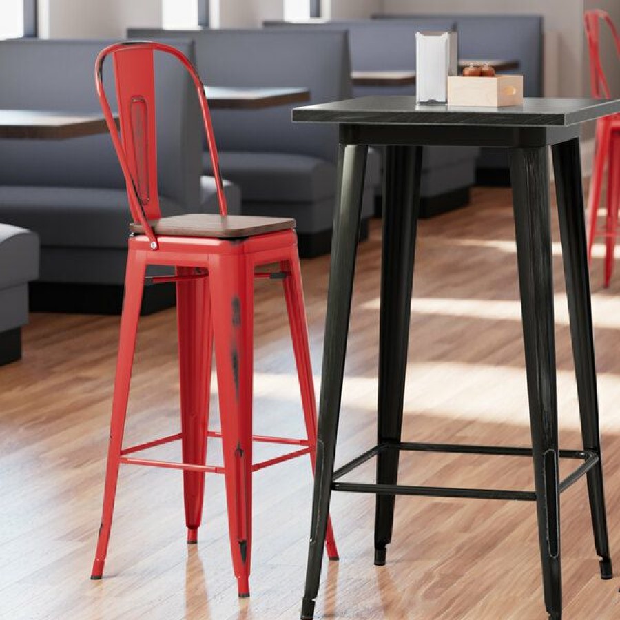 Restaurant Bar Stools * | Buy Lt&S Alloy Series Lancaster Table & Seating Alloy Series Distressed Red Metal Indoor Industrial Cafe Bar Height Stool With Vertical Slat Back And Walnut Wood Seat