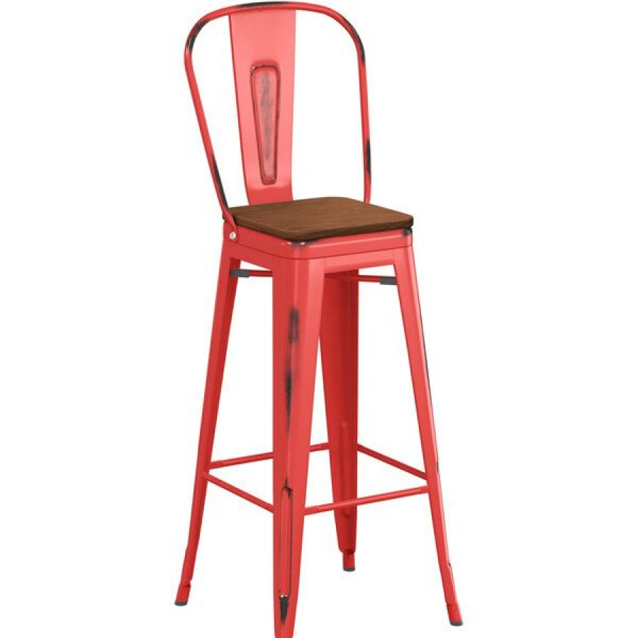 Restaurant Bar Stools * | Buy Lt&S Alloy Series Lancaster Table & Seating Alloy Series Distressed Red Metal Indoor Industrial Cafe Bar Height Stool With Vertical Slat Back And Walnut Wood Seat