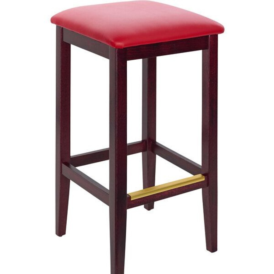 Restaurant Bar Stools * | Top 10 Bfm Seating Stockton Dark Mahogany Beechwood Square Backless Barstool With 2 Red Vinyl Seat