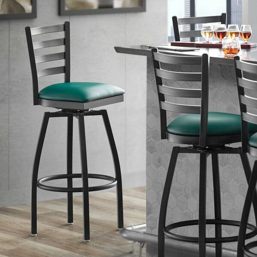 Restaurant Bar Stools * | Outlet Lancaster Table & Seating Black Top Frame Ladder Back Swivel Bar Height Chair With Green Padded Seat