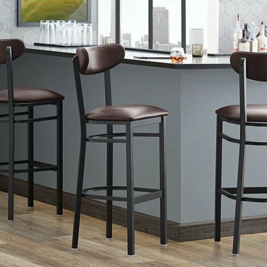 Restaurant Bar Stools * | Best Deal Lt&S Boomerang Series Lancaster Table & Seating Boomerang Bar Height Black Coat Chair With Dark Brown Vinyl Seat And Back