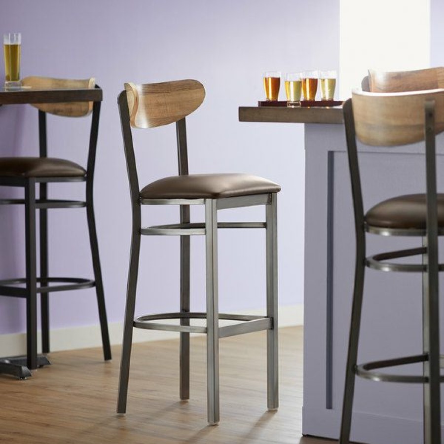 Restaurant Bar Stools * | Promo Lt&S Boomerang Series Lancaster Table & Seating Boomerang Bar Height Clear Coat Chair With Dark Brown Vinyl Seat And Driftwood Back