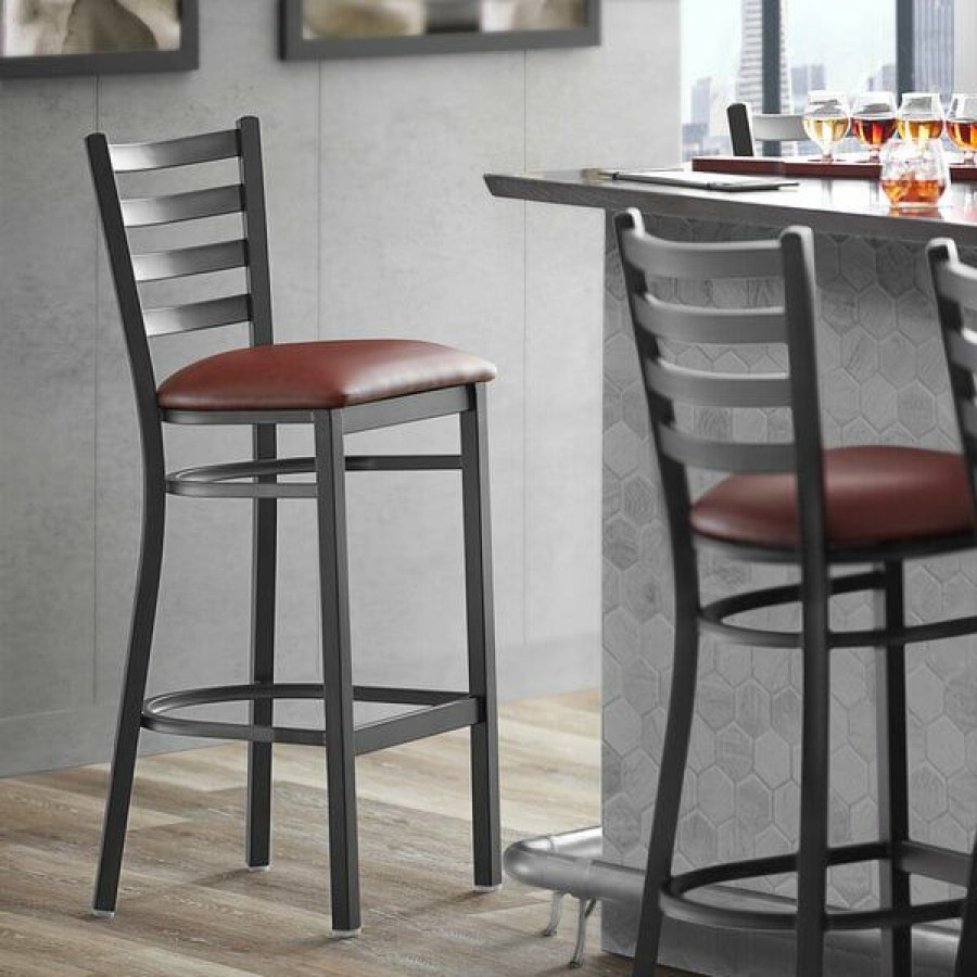 Restaurant Bar Stools * | Wholesale Lancaster Table & Seating Black Frame Ladder Back Bar Height Chair With Burgundy Padded Seat