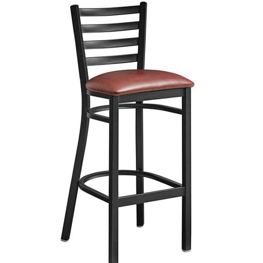 Restaurant Bar Stools * | Wholesale Lancaster Table & Seating Black Frame Ladder Back Bar Height Chair With Burgundy Padded Seat