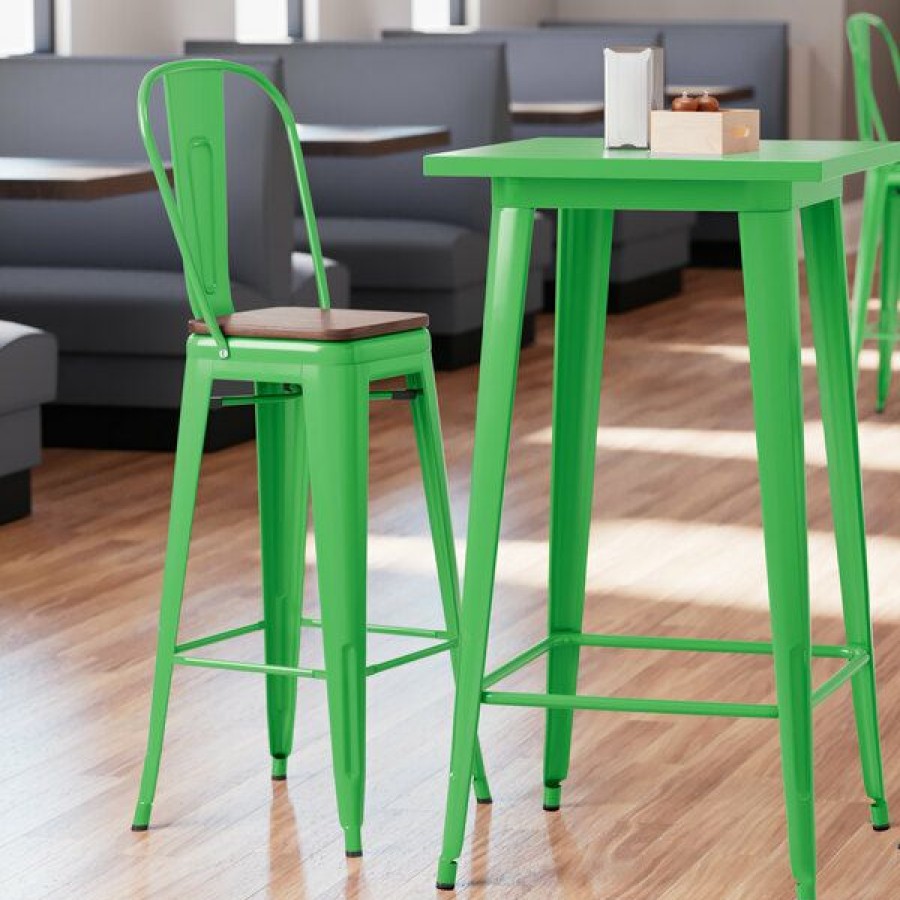 Restaurant Bar Stools * | Top 10 Lt&S Alloy Series Lancaster Table & Seating Alloy Series Green Metal Indoor Industrial Cafe Bar Height Stool With Vertical Slat Back And Walnut Wood Seat