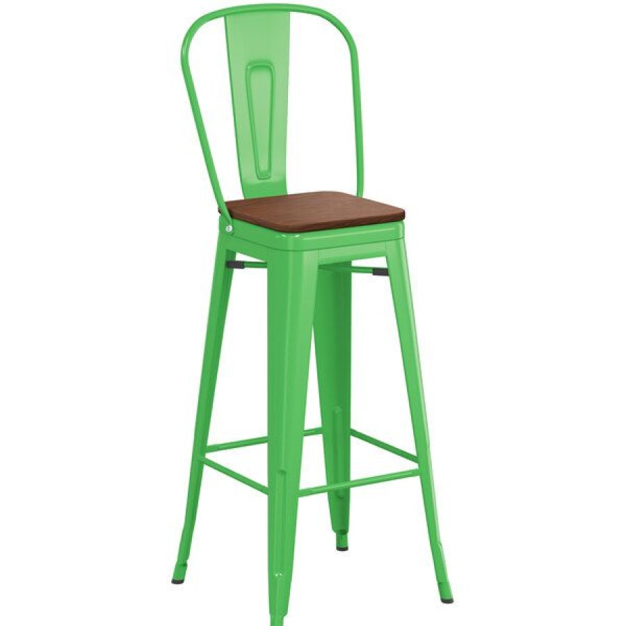 Restaurant Bar Stools * | Top 10 Lt&S Alloy Series Lancaster Table & Seating Alloy Series Green Metal Indoor Industrial Cafe Bar Height Stool With Vertical Slat Back And Walnut Wood Seat