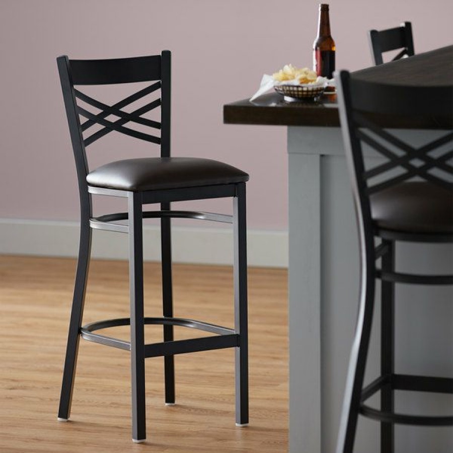 Restaurant Bar Stools * | Promo Lancaster Table & Seating Cross Back Bar Height Black Chair With Dark Brown Vinyl Seat