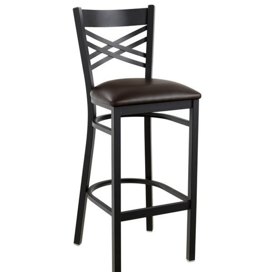 Restaurant Bar Stools * | Promo Lancaster Table & Seating Cross Back Bar Height Black Chair With Dark Brown Vinyl Seat