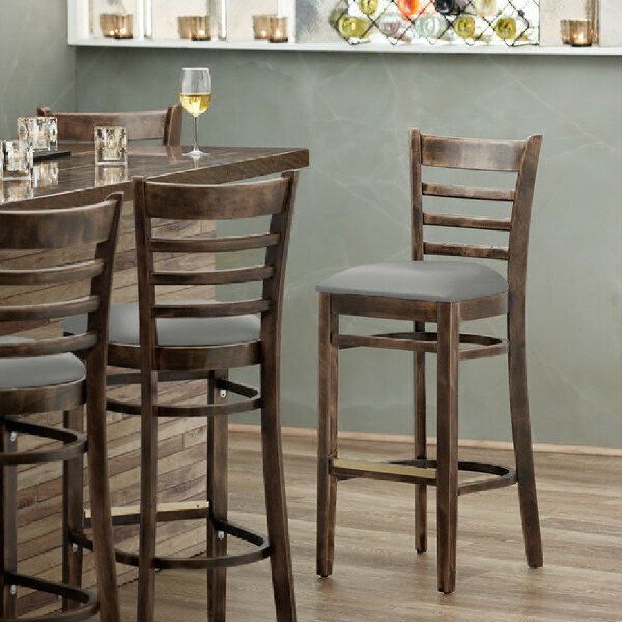 Restaurant Bar Stools * | Flash Sale Lancaster Table & Seating Vintage Finish Wooden Ladder Back Bar Height Chair With Light Gray Padded Seat