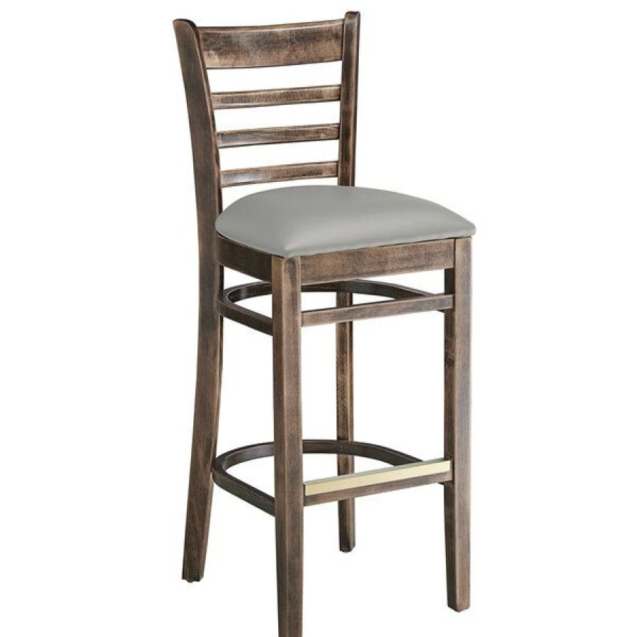 Restaurant Bar Stools * | Flash Sale Lancaster Table & Seating Vintage Finish Wooden Ladder Back Bar Height Chair With Light Gray Padded Seat