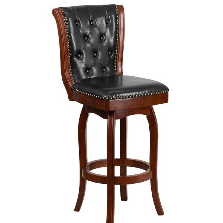 Restaurant Bar Stools * | Best Deal Flash Furniture Ta-240130-Chy-Gg Cherry Wood Bar Height Button Tufted Back Stool With Black Leather Swivel Seat