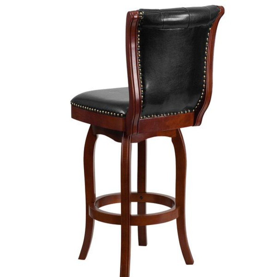 Restaurant Bar Stools * | Best Deal Flash Furniture Ta-240130-Chy-Gg Cherry Wood Bar Height Button Tufted Back Stool With Black Leather Swivel Seat