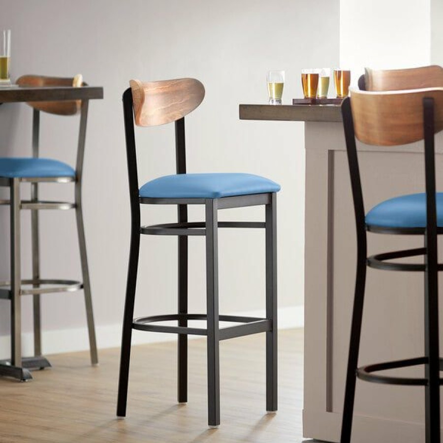 Restaurant Bar Stools * | Flash Sale Lt&S Boomerang Series Lancaster Table & Seating Boomerang Bar Height Black Chair With Blue Vinyl Seat And Vintage Wood Back