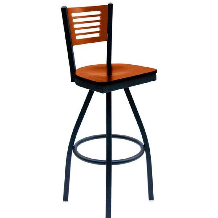 Restaurant Bar Stools * | New Bfm Seating 2151Schw-Chsb Espy Sand Black Metal Bar Height Chair With Cherry Wooden Back And Swivel Seat