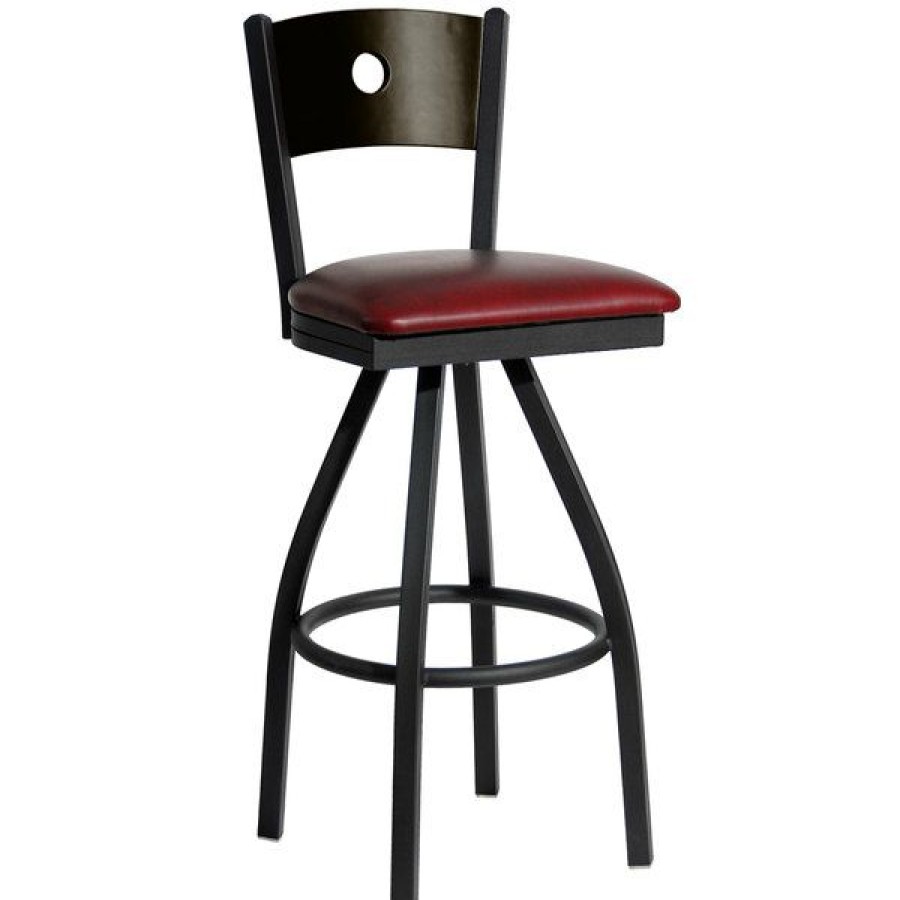 Restaurant Bar Stools * | Outlet Bfm Seating 2152Sbuv-Wasb Darby Sand Black Metal Bar Height Chair With Walnut Wooden Back And 2 Burgundy Vinyl Swivel Seat