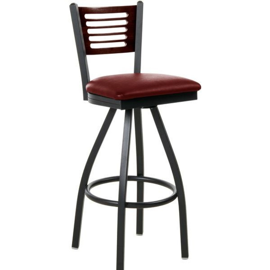 Restaurant Bar Stools * | Cheapest Bfm Seating 2151Sbuv-Wasb Espy Sand Black Metal Bar Height Chair With Walnut Wooden Back And 2 Burgundy Vinyl Swivel Seat